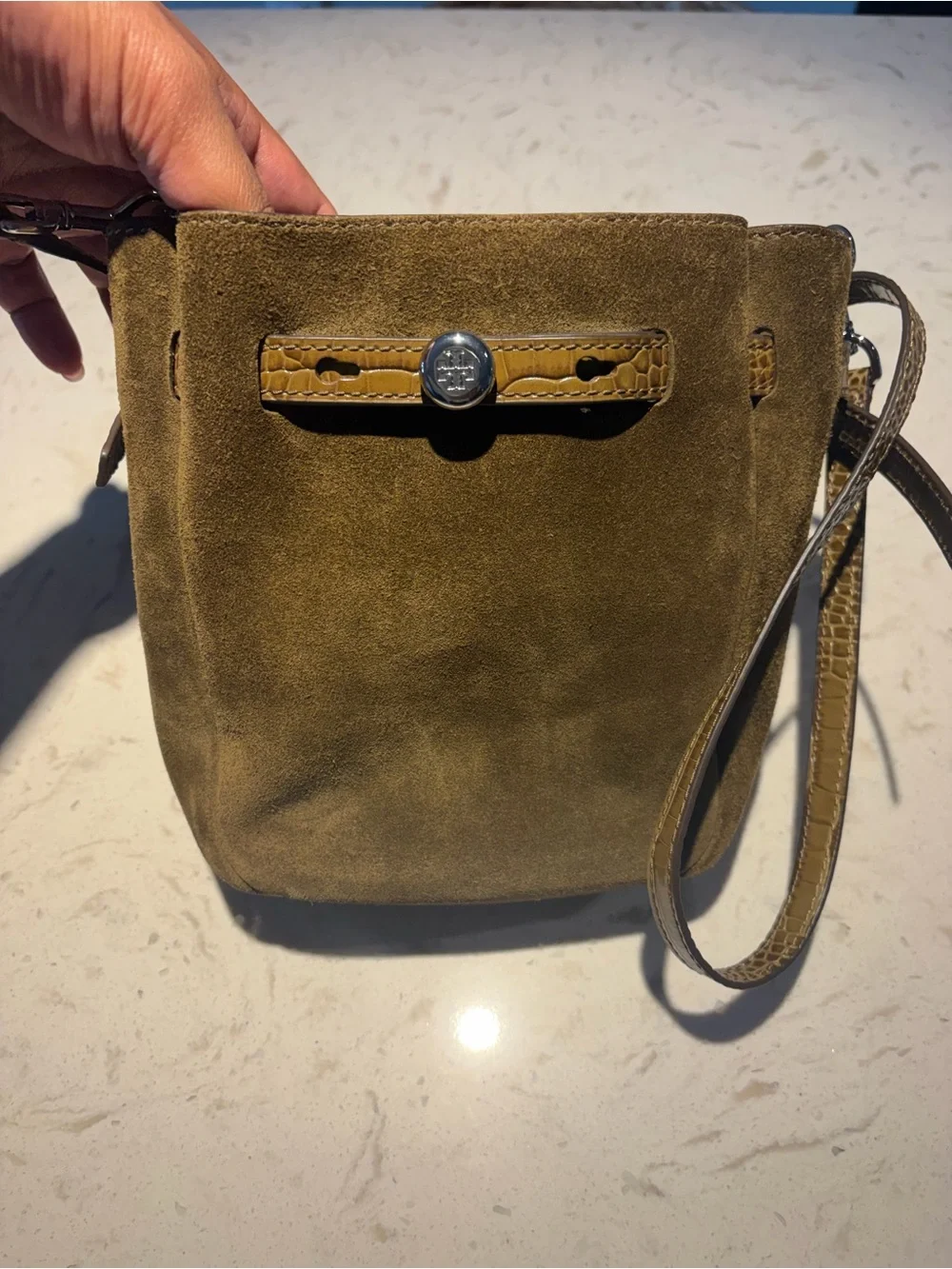 Tory Burch Olive Suede Crossbody with Croc-Textured Strap